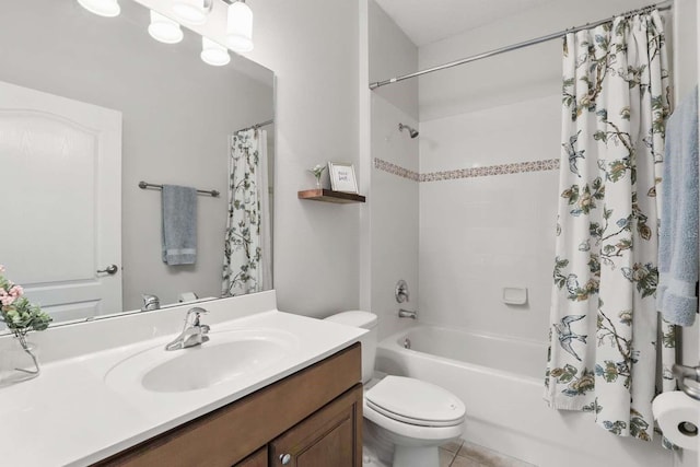 bathroom featuring tile patterned floors, vanity, toilet, and shower / tub combo with curtain