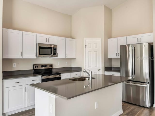 kitchen with a sink, dark countertops, white cabinetry, appliances with stainless steel finishes, and a towering ceiling