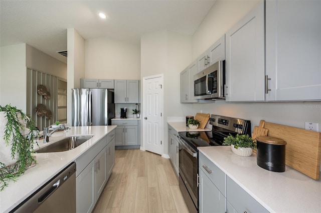 kitchen featuring light wood-type flooring, gray cabinetry, a sink, appliances with stainless steel finishes, and light countertops