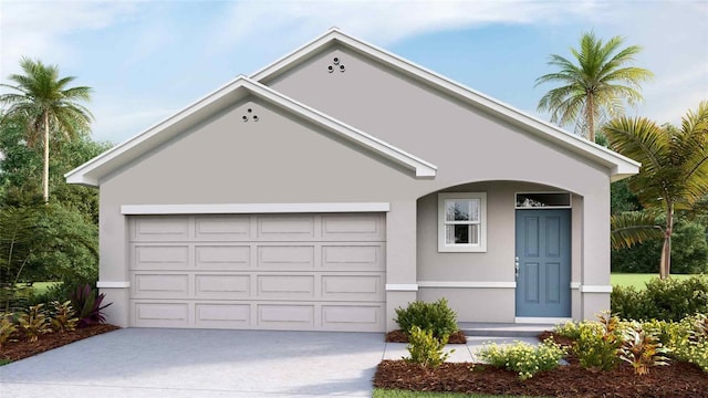 ranch-style house with stucco siding, an attached garage, and driveway