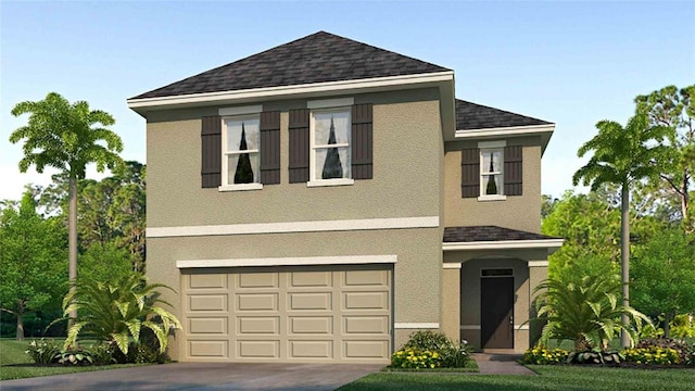 traditional-style home featuring stucco siding, a garage, roof with shingles, and concrete driveway