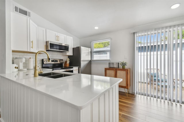 kitchen featuring visible vents, decorative backsplash, appliances with stainless steel finishes, wood finished floors, and a sink