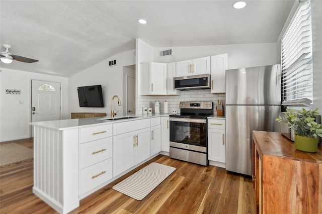 kitchen with visible vents, a peninsula, plenty of natural light, a sink, and stainless steel appliances