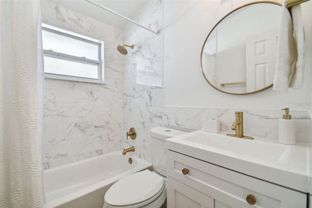 bathroom featuring tile walls, vanity, toilet, and shower / tub combo