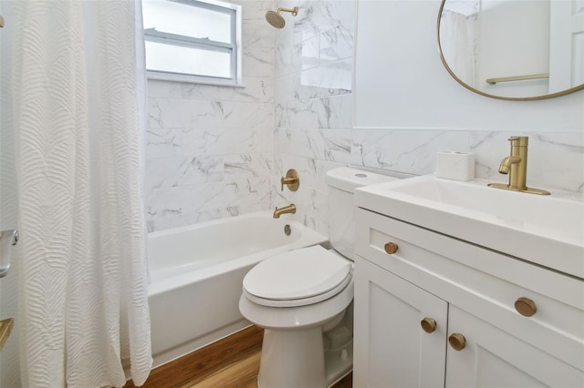 bathroom with tile walls, shower / tub combo, toilet, and wood finished floors