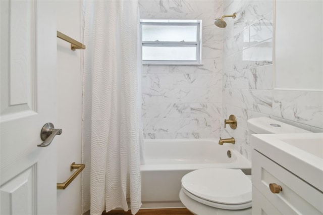 full bathroom featuring toilet, tile walls, and shower / tub combo