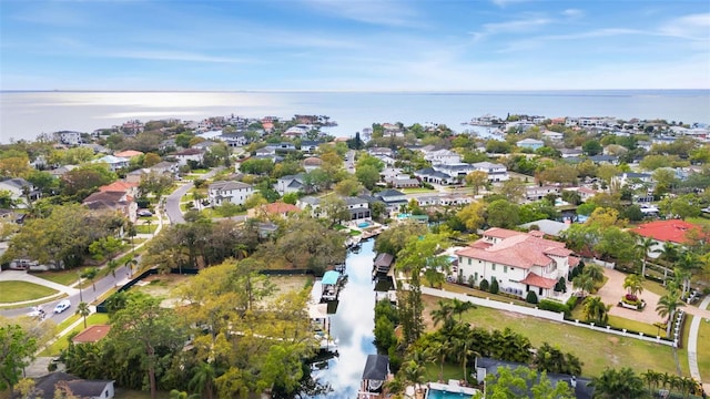 aerial view with a water view and a residential view