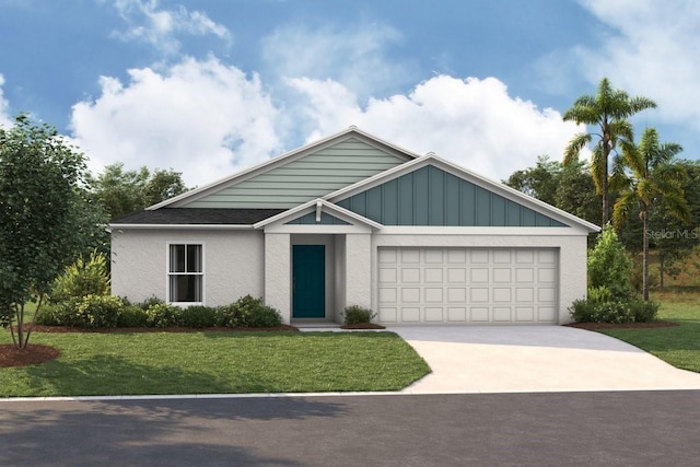 view of front of property featuring a front lawn, an attached garage, and driveway