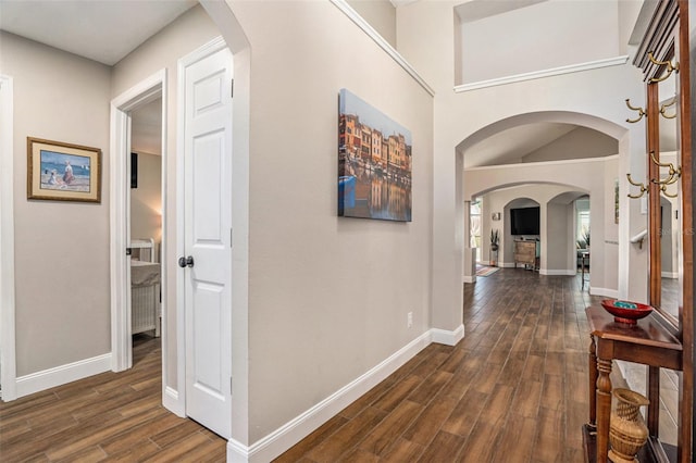 7116 Colonial Lake Dr, Riverview, FL 33578 - hallway with dark wood-type flooring, baseboards, and arched walkways