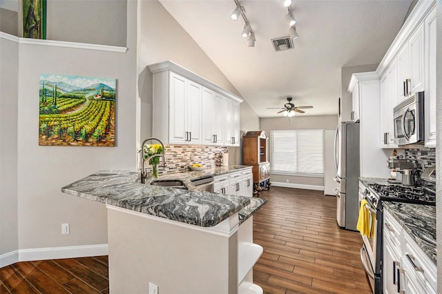 7116 Colonial Lake Dr, Riverview, FL 33578 - kitchen with stainless steel appliances, baseboards, ceiling fan, dark wood-type flooring, and dark stone counters