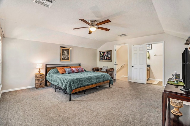7116 Colonial Lake Dr, Riverview, FL 33578 - bedroom featuring lofted ceiling, carpet, a textured ceiling, baseboards, and a ceiling fan