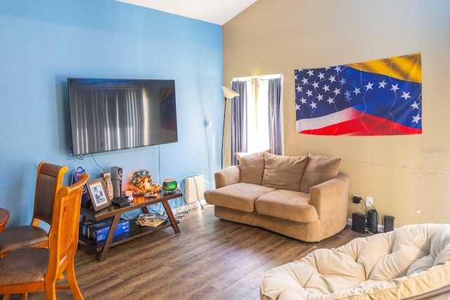 living area featuring wood finished floors and vaulted ceiling