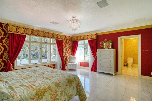 bedroom featuring visible vents, a textured ceiling, crown molding, baseboards, and a chandelier