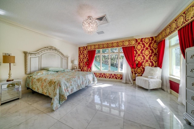 bedroom featuring baseboards, wallpapered walls, an inviting chandelier, a textured ceiling, and marble finish floor