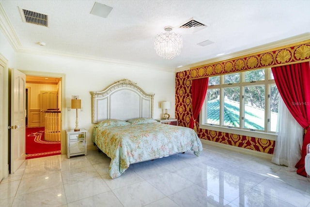 bedroom featuring visible vents, baseboards, a notable chandelier, and crown molding