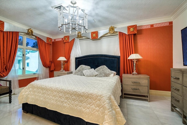 bedroom with a textured ceiling, crown molding, baseboards, and a chandelier