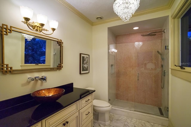 bathroom with a chandelier, visible vents, marble finish floor, and a shower stall