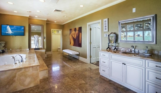 full bathroom with visible vents, baseboards, toilet, ornamental molding, and vanity
