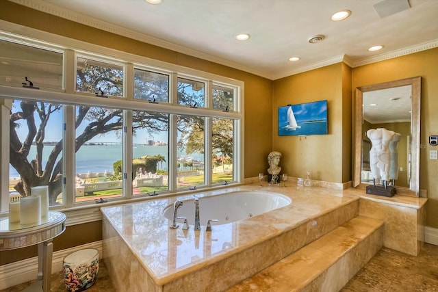 bathroom with recessed lighting, baseboards, a jetted tub, and crown molding