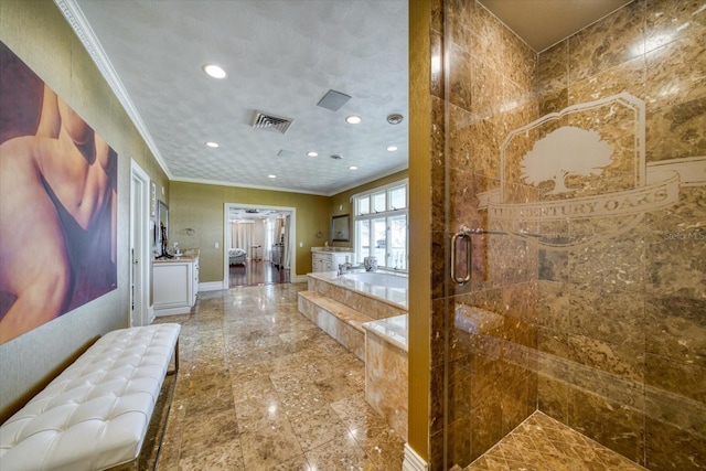 full bath featuring visible vents, ornamental molding, recessed lighting, tiled shower, and a bath