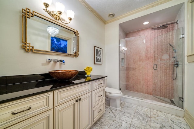 full bath featuring visible vents, a notable chandelier, marble finish floor, a stall shower, and toilet