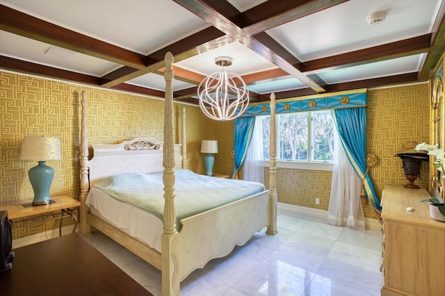 bedroom with wallpapered walls, baseboards, a chandelier, beam ceiling, and coffered ceiling