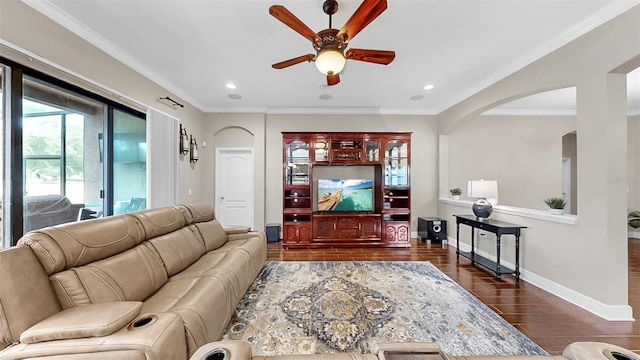 5324 Moon Shell Dr, Apollo Beach, FL 33572 - living area with ceiling fan, wood finished floors, arched walkways, baseboards, and recessed lighting