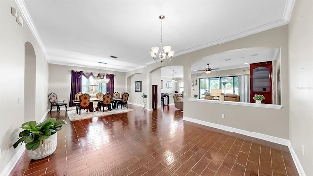 5324 Moon Shell Dr, Apollo Beach, FL 33572 - living room with arched walkways, a chandelier, ceiling fan, ornamental molding, and baseboards
