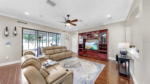 5324 Moon Shell Dr, Apollo Beach, FL 33572 - living area with ceiling fan, dark wood-style floors, baseboards, recessed lighting, and ornamental molding
