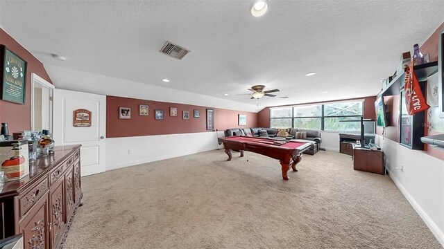5324 Moon Shell Dr, Apollo Beach, FL 33572 - playroom featuring pool table, carpet flooring, ceiling fan, a textured ceiling, and baseboards
