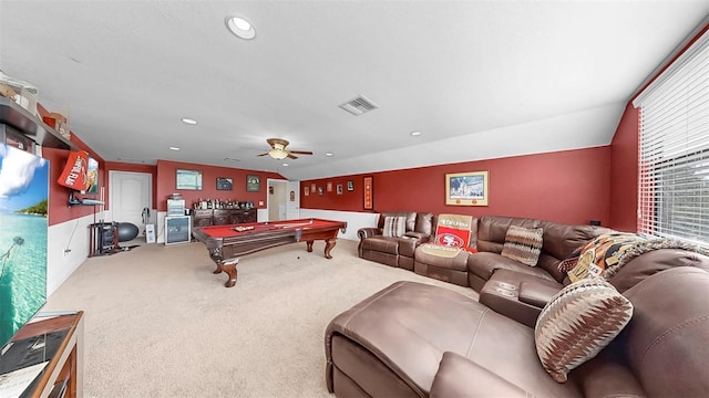 5324 Moon Shell Dr, Apollo Beach, FL 33572 - playroom featuring billiards table, carpet flooring, ceiling fan, recessed lighting, and lofted ceiling