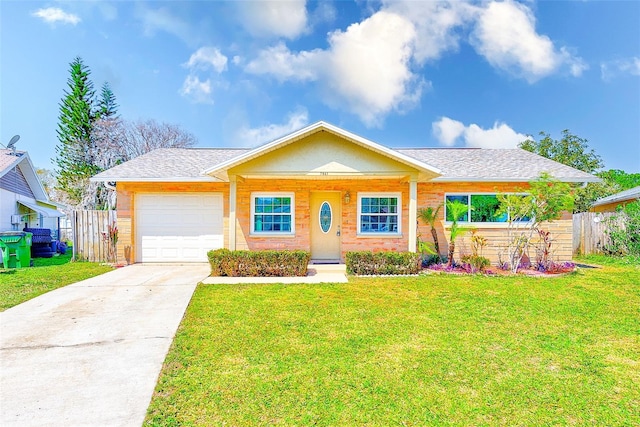 ranch-style home with a garage, driveway, a front yard, and fence