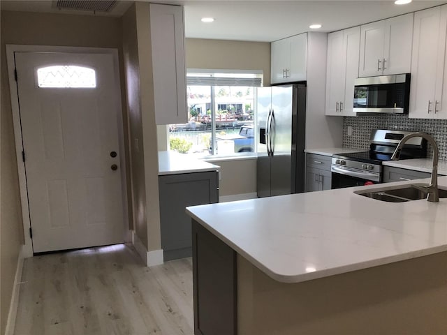 kitchen with light wood-type flooring, a sink, tasteful backsplash, stainless steel appliances, and white cabinets