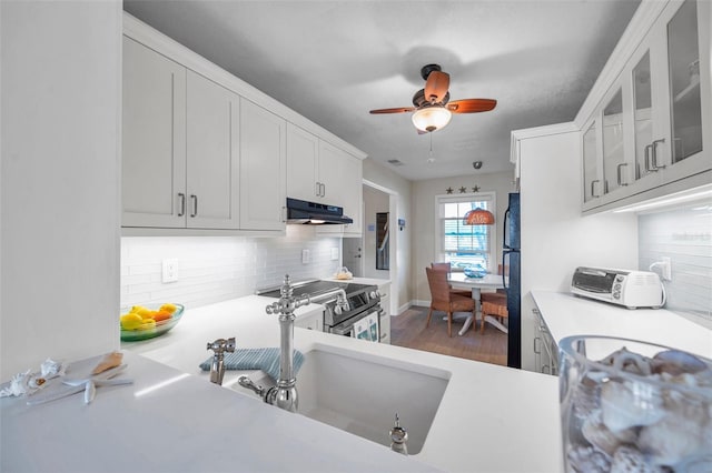 kitchen with stainless steel electric range oven, freestanding refrigerator, a sink, light countertops, and under cabinet range hood