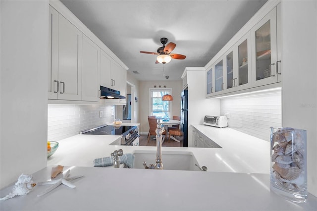 kitchen featuring stainless steel electric stove, decorative backsplash, light countertops, glass insert cabinets, and under cabinet range hood