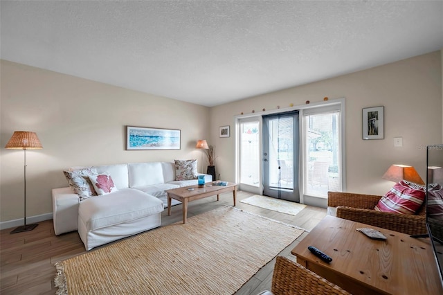 living area with wood finished floors, baseboards, and a textured ceiling