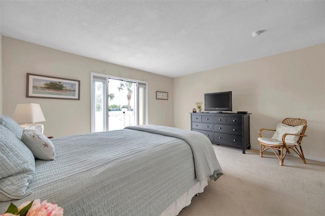 bedroom featuring light colored carpet, access to exterior, and a textured ceiling