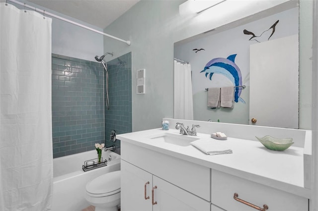 bathroom featuring vanity, toilet, and shower / tub combo with curtain