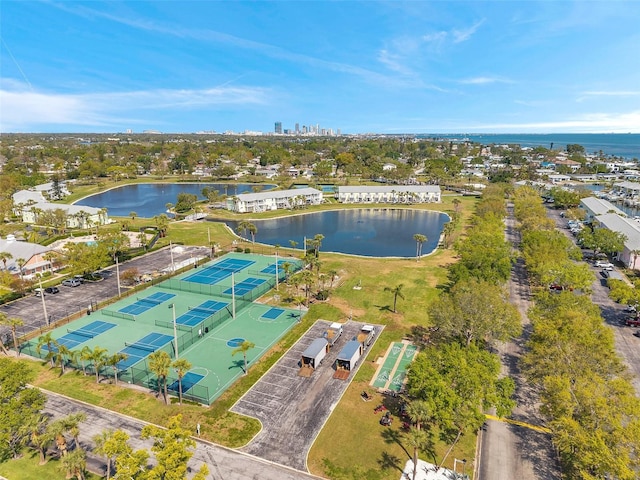 bird's eye view with a water view