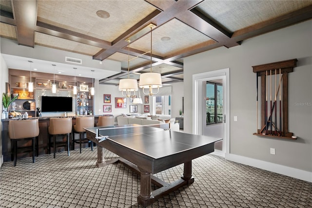 146 4th Ave NE Unit 600, Saint Petersburg, FL 33701 - recreation room featuring coffered ceiling, baseboards, beamed ceiling, and carpet floors