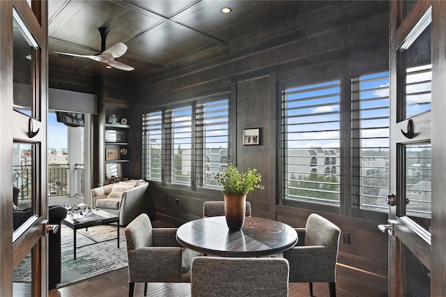 146 4th Ave NE Unit 600, Saint Petersburg, FL 33701 - dining room featuring built in features, ceiling fan, wood finished floors, and wooden walls