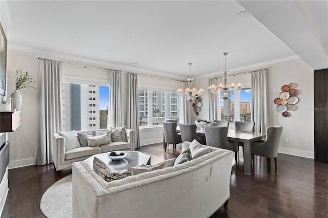 146 4th Ave NE Unit 600, Saint Petersburg, FL 33701 - living room with dark wood-style flooring, crown molding, an inviting chandelier, and a healthy amount of sunlight