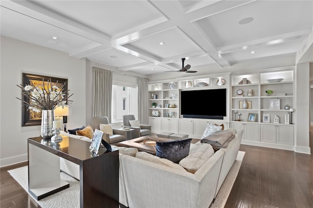 146 4th Ave NE Unit 600, Saint Petersburg, FL 33701 - living area with beam ceiling, a ceiling fan, dark wood-style flooring, and coffered ceiling