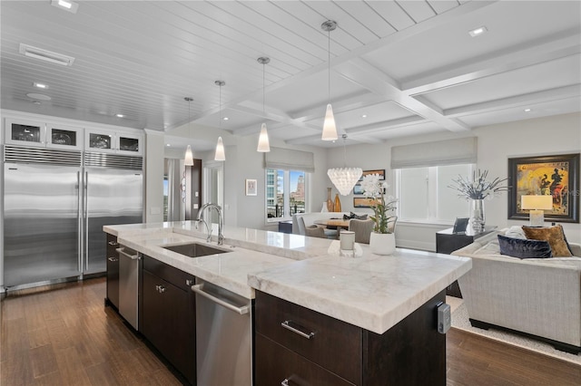 146 4th Ave NE Unit 600, Saint Petersburg, FL 33701 - kitchen with coffered ceiling, a sink, appliances with stainless steel finishes, open floor plan, and dark wood-type flooring