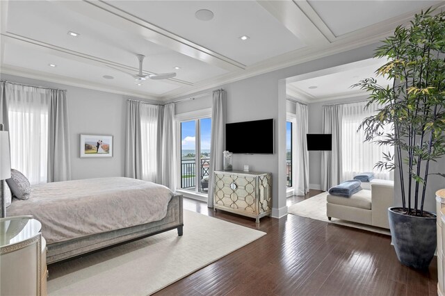 146 4th Ave NE Unit 600, Saint Petersburg, FL 33701 - bedroom featuring ornamental molding, baseboards, access to outside, dark wood finished floors, and ceiling fan