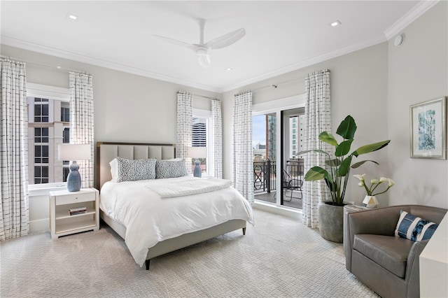146 4th Ave NE Unit 600, Saint Petersburg, FL 33701 - carpeted bedroom with access to exterior, recessed lighting, ceiling fan, and ornamental molding