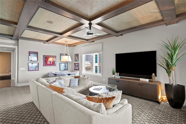 146 4th Ave NE Unit 600, Saint Petersburg, FL 33701 - carpeted living area with coffered ceiling, baseboards, and beam ceiling