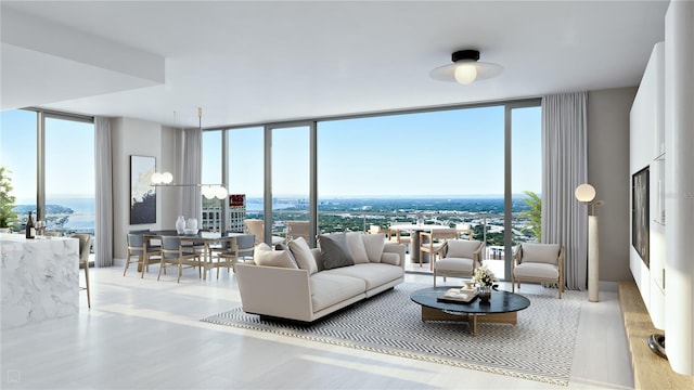 living room featuring floor to ceiling windows, a healthy amount of sunlight, and light wood-type flooring