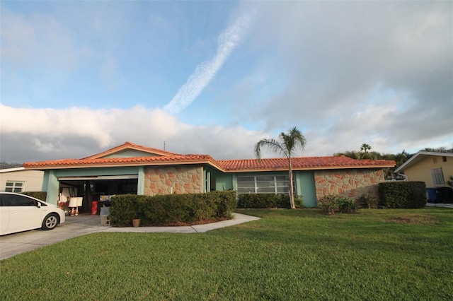 single story home featuring a front lawn, driveway, stone siding, a garage, and a tiled roof