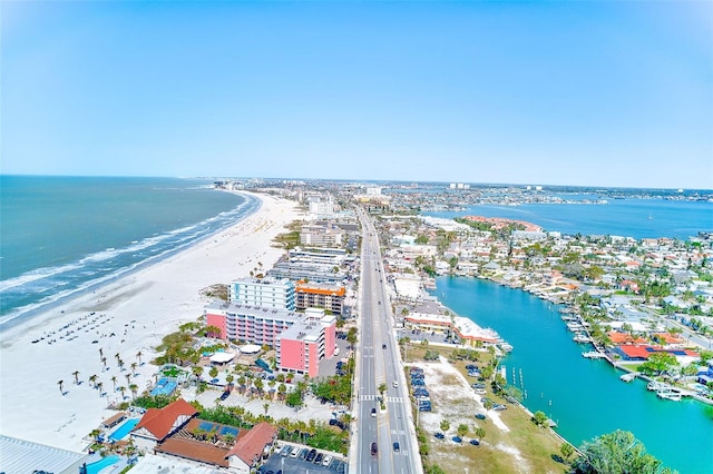 bird's eye view featuring a beach view and a water view